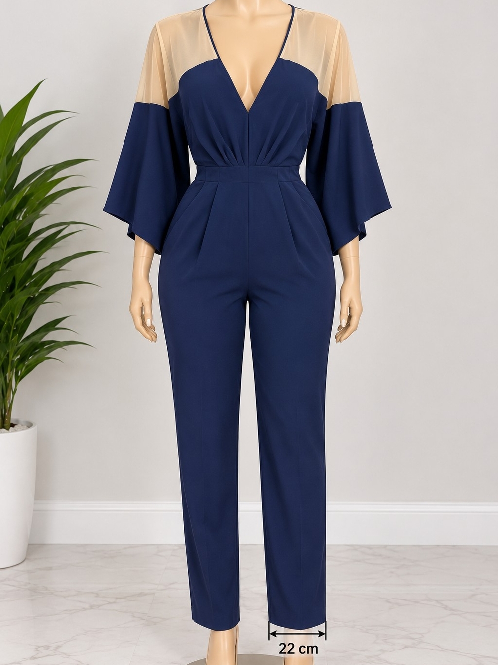 Fashion Nova Navy Jumpsuit with Sheer Beige Yoke